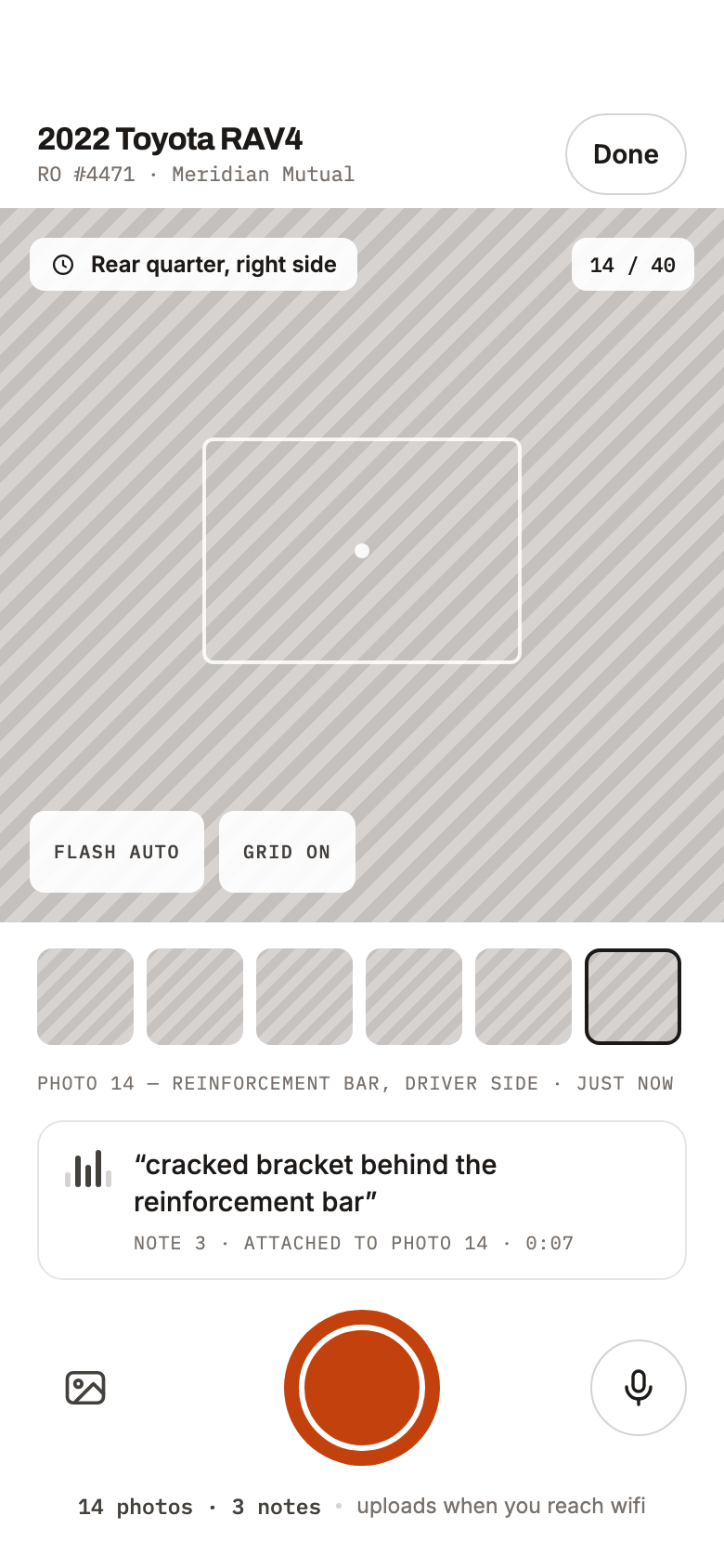 Teardown's Bay screen on a phone: a large capture button, the running photo count for the repair order, and the last findings dictated at the car.