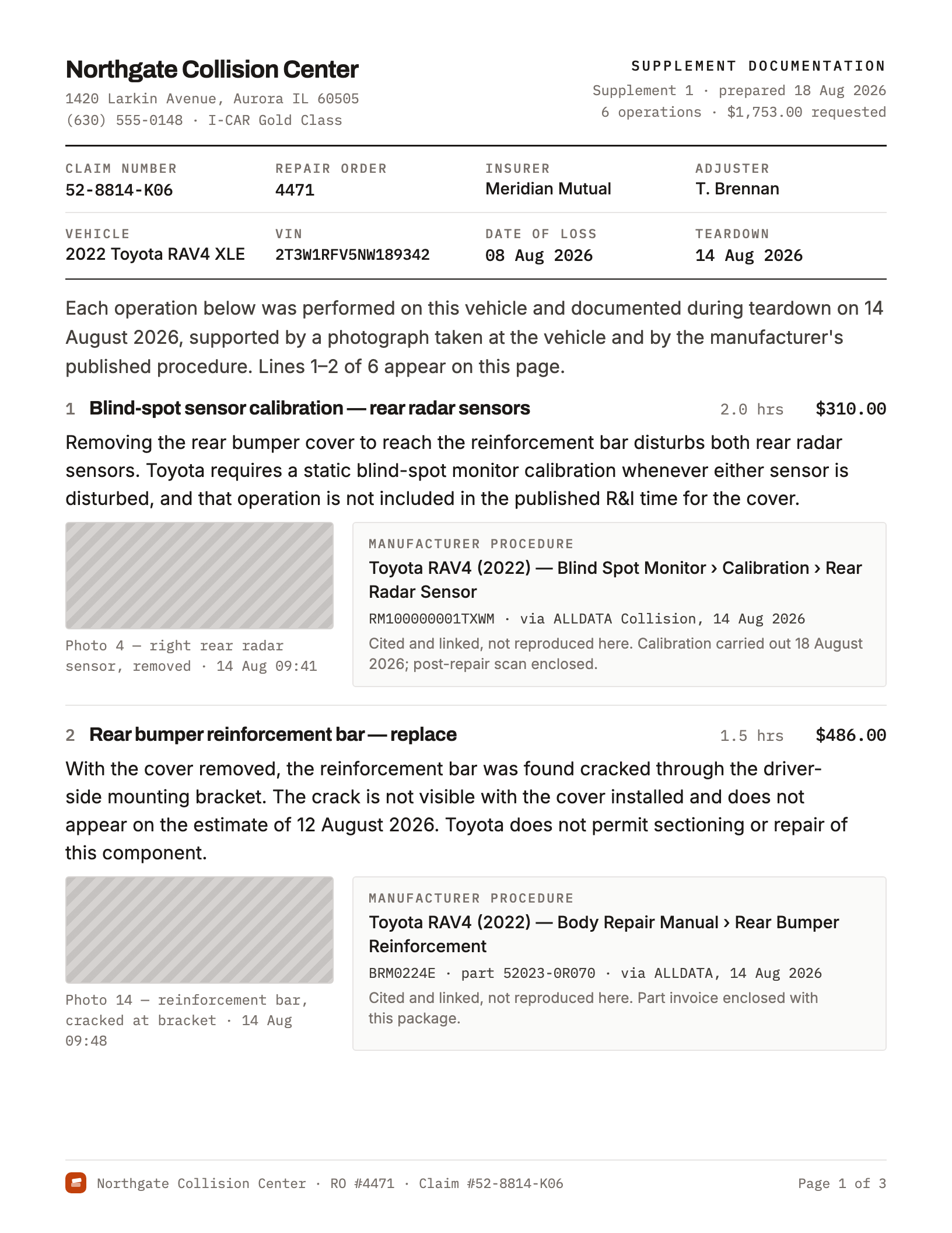 A page of the documentation package: shop letterhead, claim and vehicle details, then each operation with its justification, a labelled teardown photograph and the cited manufacturer procedure.